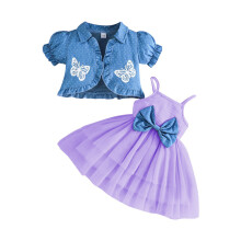 (6-9 Months, Purple) Kislány nyári tüll ruha spagettipántos, pöttyös, pillangómintás, rövid puffos ujjú kardigánnal