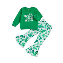 (5-6 Years, Army Green) Éadaí Éireannacha do Chailíní, Barr agus Bríste Leathar, Muineál Crew, Muinchille Fada, 2 phíosa