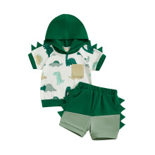 (6-12 Months, Green) 2-delige zomeroutfit voor babyjongens: topje met korte mouwen en capuchon met dinosaurusprint + shortje. Peuterkleding