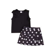 (6-12 Months, Black) Conjunto de verão para bebê menina com 2 peças: blusa regata sem mangas com laço + saia com estampa de bolinhas.