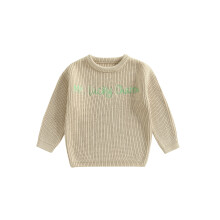 (4-5 Years, Light Beige) Dětský chlapecký svetr, dlouhý rukáv, kulatý výstřih, výšivka, teplý svetr, zimní oblečení