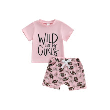 (3-4 Years, Coffee) Conjunto de verão 2 peças para bebê e criança: blusa curta com letras e shorts de futebol americano.