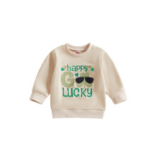 (18-24 Months, Beige) Felpa da bambino per la festa irlandese, a maniche lunghe, girocollo, con ricamo di lettere e trifoglio.