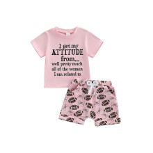 (0-6 Months, Pink) Conjunto de verão 2 peças para bebê e criança: blusa curta com letras e shorts de futebol americano.