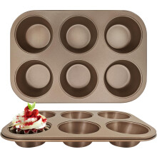 Nonstick 6 Cup Muffin Pan Set of 2, Heavy Duty Steel Cupcake Baking Tray Gold for Even Heat