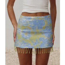 (XL, Blue) Women's Sequin Mini Skirts Fashion Low Waist Rainbow Color Tassel Hem Slim Fit Skirts Short Club Skirts