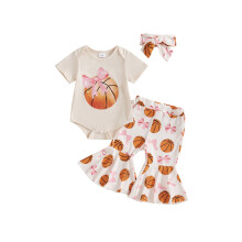 (3-6 Months, Khaki) Completo estivo bambina: tutina maniche corte, scollo rotondo, stampa basket, pantaloni zampa e fascia capelli.