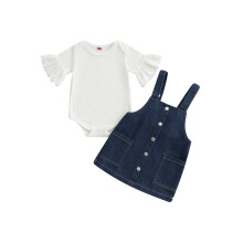 (18-24 Months, Blue) Conjunto 2 peças bebê menina: macacão canelado liso, mangas flare e bordado inglês. Tecido canelado, cor sólida.