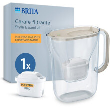 BRITA Filterkaraffe - Style Essential Sand - Kapazität 2,4L, davon 1,4L gefiltertes Wasser - 1 Monat MAXTRA PRO EXPERT ANTI-KALK