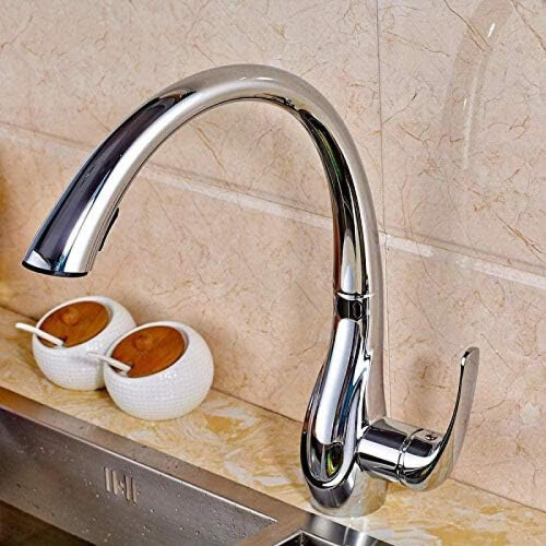 Kitchen Sink Faucet Solid Brass Pull Out Sprayer Chrome Hot and Cold Mixer Splash Flow