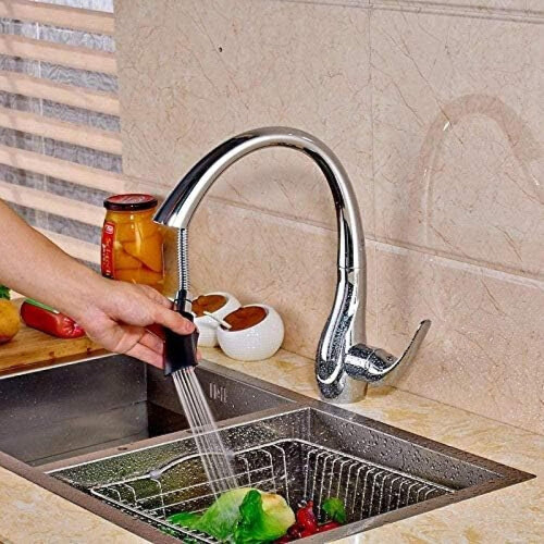 Kitchen Sink Faucet Solid Brass Pull Out Sprayer Chrome Hot and Cold Mixer Splash Flow 2