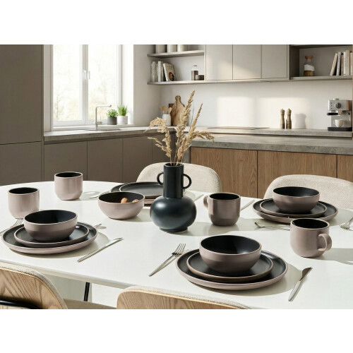 Beliani Set of 16 Dinnerware NUTMEG Stoneware Black/ Beige 1