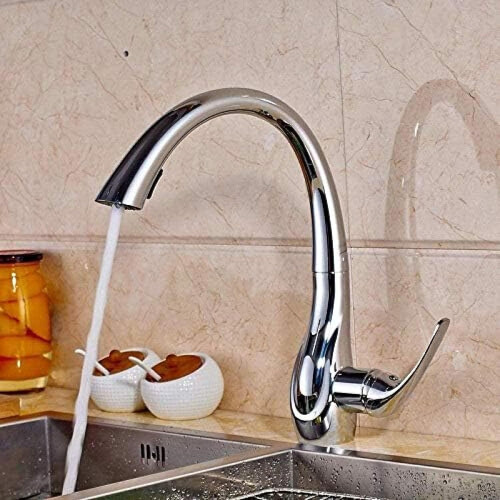 Kitchen Sink Faucet Solid Brass Pull Out Sprayer Chrome Hot and Cold Mixer Splash Flow 1