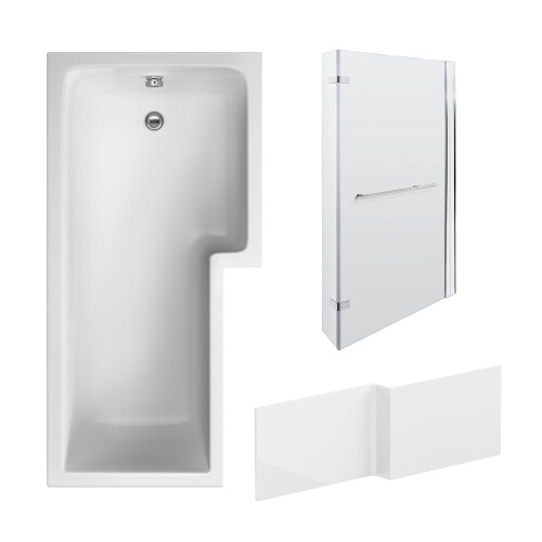 Balterley L Shape 1700x850 Shower Bath Set - Front Panel & Chrome Fixed Return Screen with Towel Rail, Right Hand 1
