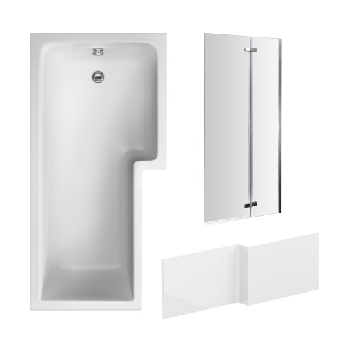 Balterley L Shape 1700x850 Shower Bath Set - Front Panel & Chrome 2 Panel Center Hinge Screen, Right Hand 1