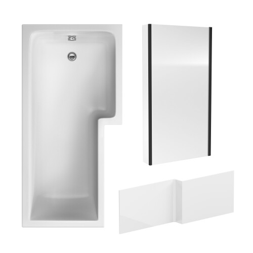 Balterley L Shape 1700x850 Shower Bath Set - Front Panel & Black Fixed Return Screen, Right Hand 1