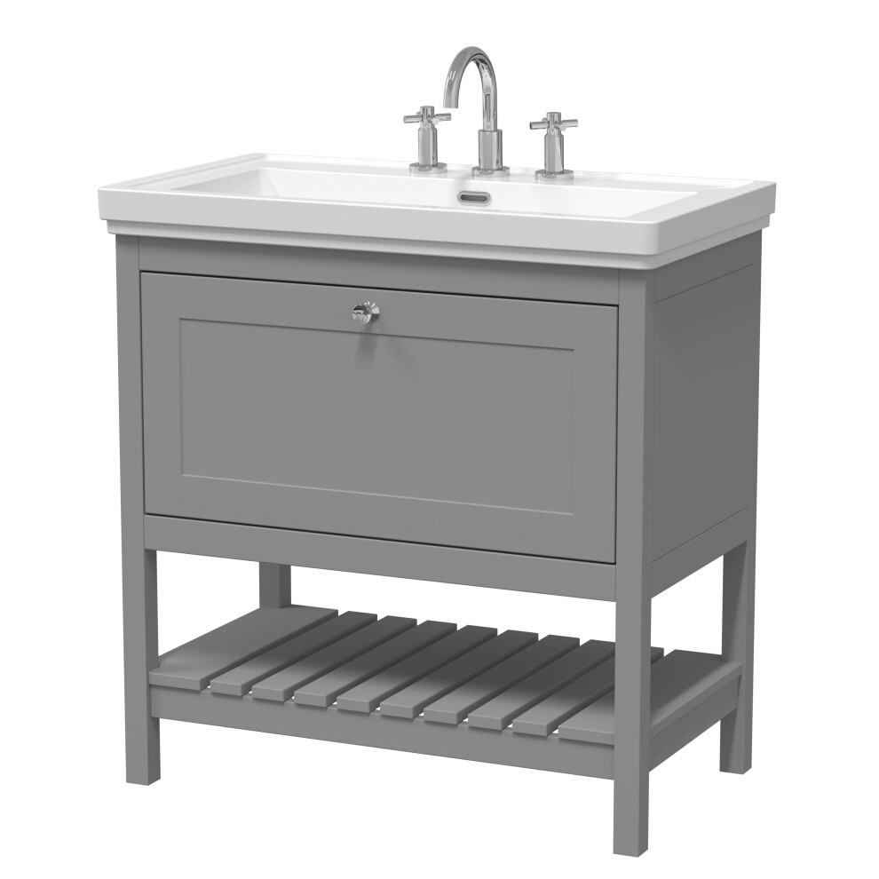 Balterley Rye Bathroom Floor Standing 1 Drawer Vanity & 3 Tap Hole Basin, Cool Grey, 830Mm