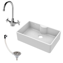 Fireclay 795mm 1 Bowl Butler Kitchen Sink - Tap Ledge with Tap & Waste - Ceramic Kitchen Sink & Tap Package
