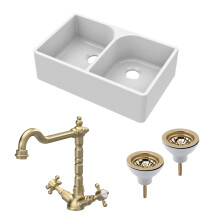 Traditional Fireclay Kitchen Bundle: Double Bowl Full Weir Butler Sink No Overflow w/ Wastes & Classic Tap, 795mm - Brushed Brass