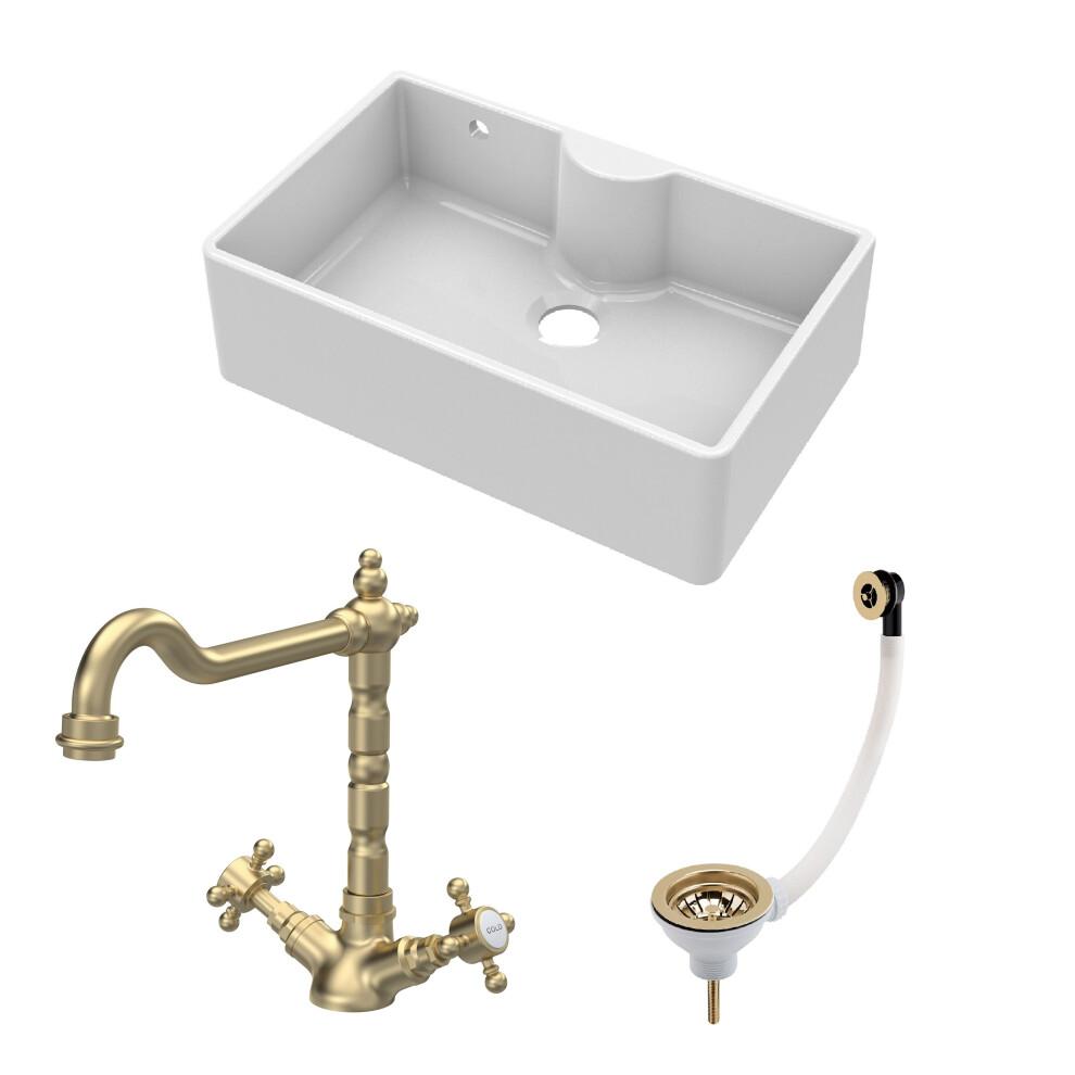 Traditional Fireclay Kitchen Bundle: 1 Bowl Butler Sink With Overflow & Ledge, Waste & Classic Tap, 795Mm - Brushed Brass 5056678439845