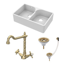 Traditional Fireclay Kitchen Bundle: Double Bowl Stepped Weir Butler Sink with Wastes & French Tap, 795mm - Brushed Brass