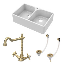 Traditional Fireclay Kitchen Bundle: 2 Bowl Full Weir 1 Tap Hole Butler Sink w/ Wastes & Classic Tap, 795mm - Brushed Brass