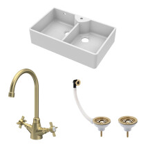 Traditional Fireclay Kitchen Sink Bundle: Double Bowl Butler 1 Tap Hole Design with Wastes & Mono Tap, 895mm - Brushed Brass