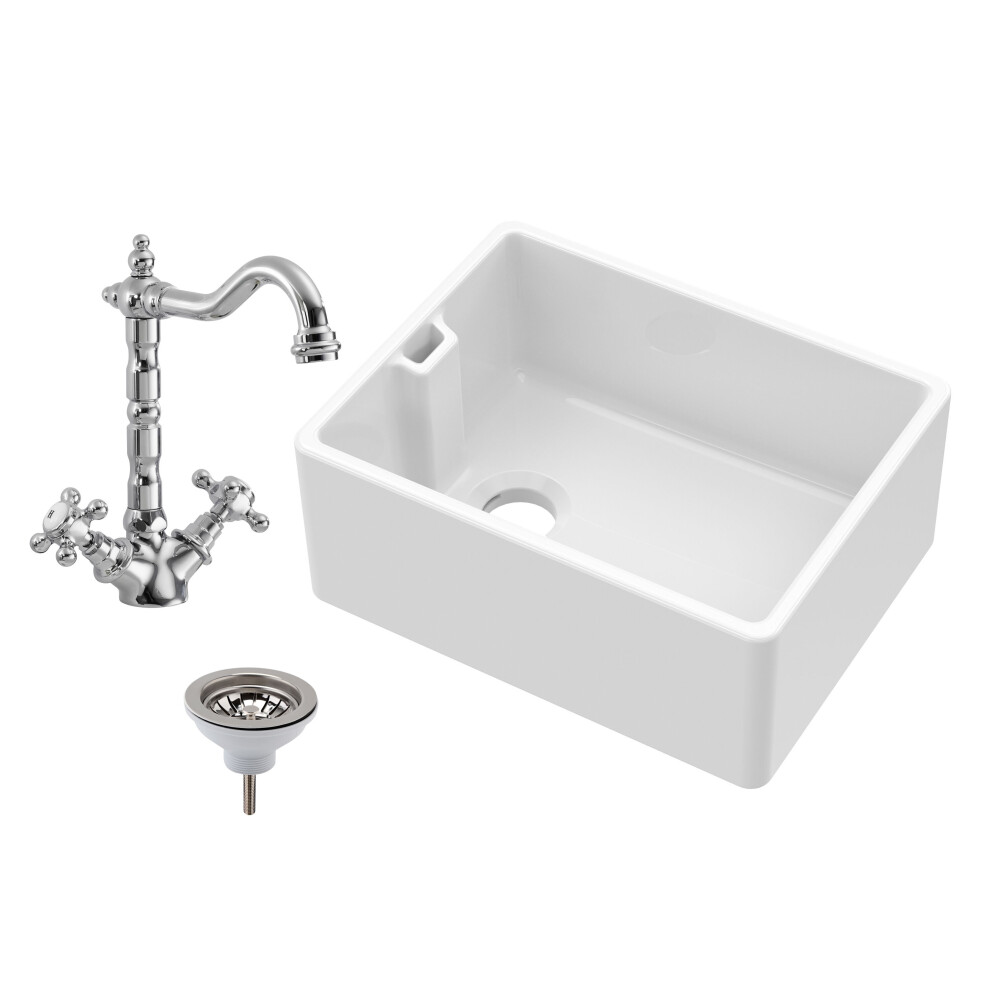 Fireclay 595Mm 1 Bowl Belfast Butler Kitchen Sink With French Classic Tap & Waste 5056462699011
