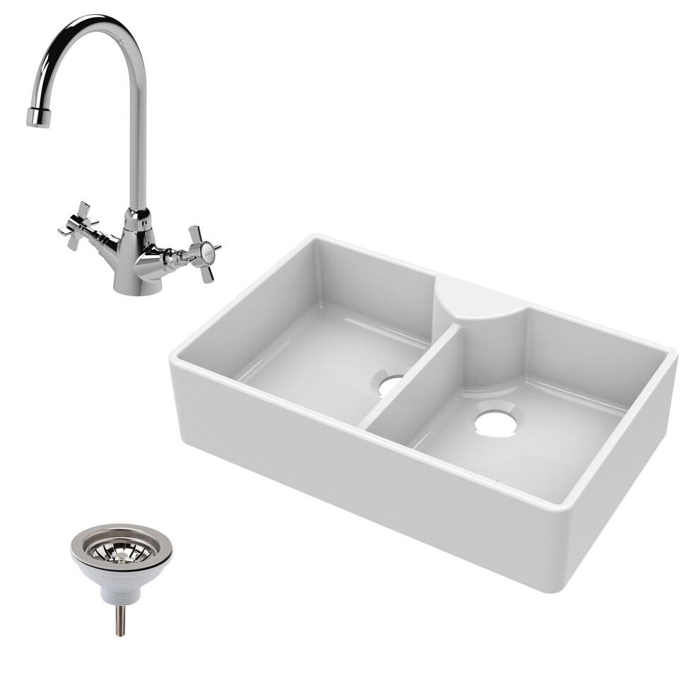 Balterley Traditional Fireclay Butler Kitchen Sink Bundle: Double Bowl With Stepped Weir, Mixer Tap & Wastes - 895Mm