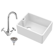 Fireclay 595mm 1 Bowl Belfast Butler Sink with Basket Strainer Waste & Mono Kitchen Mixer Tap