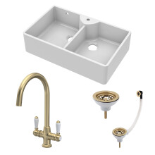 Traditional Fireclay Kitchen Sink Bundle: Double Bowl Butler 1 Tap Hole, Wastes & Mono Tap, 895mm - Brushed Brass