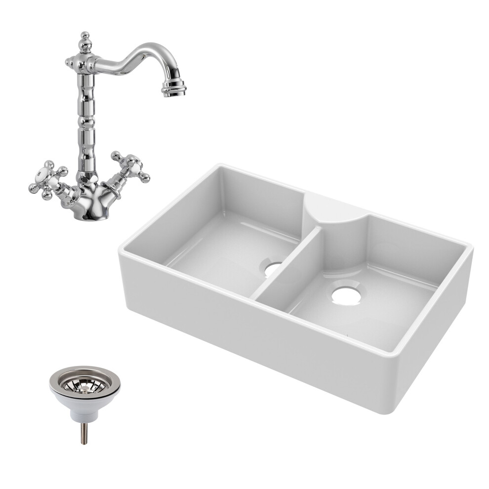 Balterley Traditional Fireclay Double Bowl Butler Kitchen Sink Stepped Weir With Classic Tap & Wastes - 895Mm