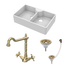 Traditional Fireclay Kitchen Bundle: 2 Bowl Stepped Weir Butler Sink, Wastes & French Classic Tap, 895mm - Brushed Brass