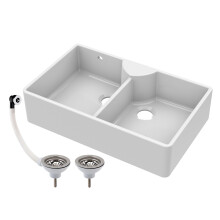 Traditional 895mm Two Bowl Fireclay Butler Kitchen Sink - Stepped Weir, Overflow, Ledge & Wastes