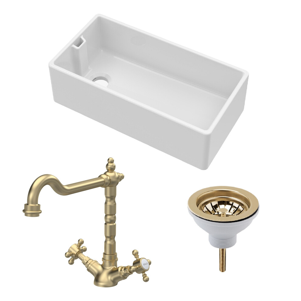 Traditional Fireclay Kitchen Bundle: 1 Bowl Belfast Sink With Strainer Waste & French Classic Mono Tap, 895Mm - Brushed Brass 5056678439968