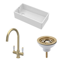 Traditional Fireclay Kitchen Bundle: 1 Bowl Belfast Sink with Strainer Waste & Mono Lever Handle Tap, 895mm - Brushed Brass