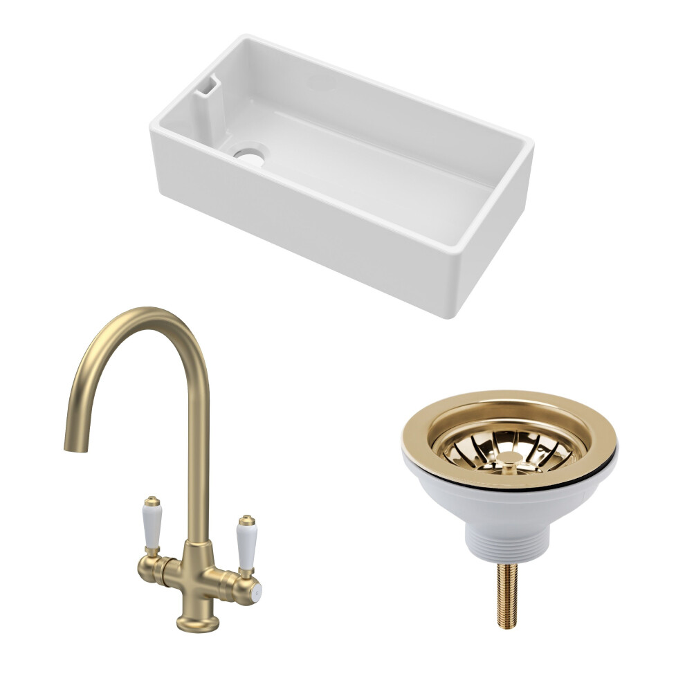 Traditional Fireclay Kitchen Bundle: 1 Bowl Belfast Sink With Strainer Waste & Mono Lever Handle Tap, 895Mm - Brushed Brass 5056678439722