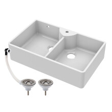 Traditional 895mm 2 Bowl Fireclay Butler Kitchen Sink - Stepped Weir, Tap Hole & Waste
