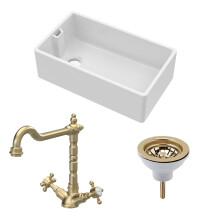 Traditional Fireclay Kitchen Bundle: 1 Bowl Belfast Sink with Strainer Waste & French Classic Tap, 795mm - Brushed Brass