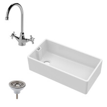 Fireclay Belfast Kitchen Sink w/ Overflow, 895mm 1 Bowl, Mono Sink Mixer Tap & Basket Strainer Waste, Brushed Brass Balterley