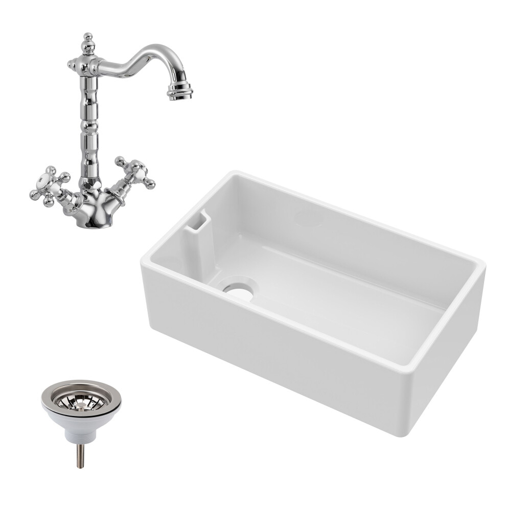 Traditional Fireclay Belfast Kitchen Sink With Overflow, 1 Bowl, French Classic Tap & Waste - 795Mm 5056678403587