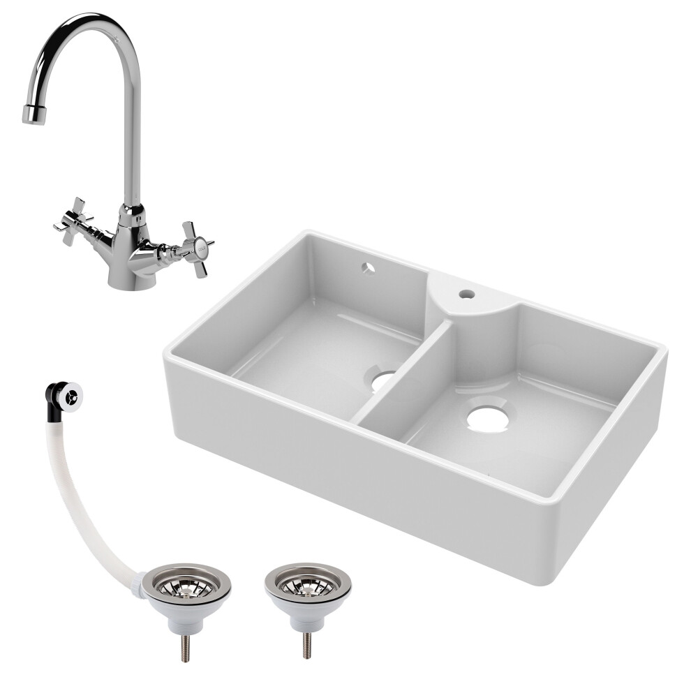 Balterley Traditional Fireclay Double Bowl Butler Kitchen Sink With Overflow, Mixer Tap & Wastes - 895Mm