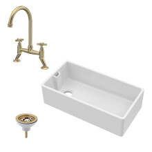 Traditional Fireclay Kitchen Bundle: 1 Bowl Belfast Sink with Strainer Waste & Bridge Crosshead Mixer Tap, 895mm - Brushed Brass