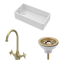 Traditional Fireclay Kitchen Bundle: 1 Bowl Belfast Sink with Strainer Waste & Mono Crosshead Handle Tap, 895mm - Brushed Brass