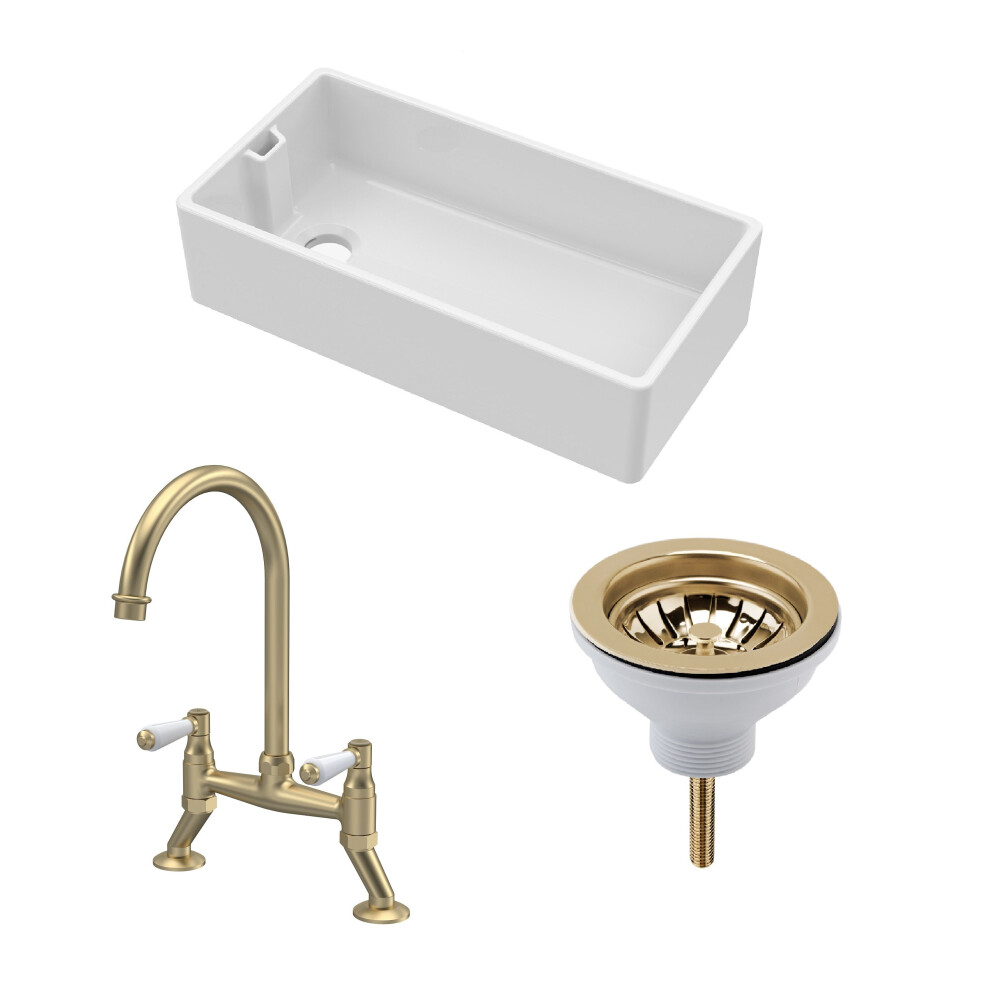 Traditional Fireclay Kitchen Bundle: 1 Bowl Belfast Sink With Strainer Waste & Bridge Lever Mixer Tap, 895Mm - Brushed Brass 5056678440445