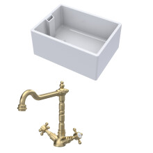 Traditional Fireclay Kitchen Bundle: 1 Bowl Belfast Sink & French Classic Mono Tap, 615mm - Brushed Brass