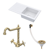 Traditional Fireclay Kitchen Bundle: 1 Bowl Sink & Drainer with Waste & French Classic Tap, 1010mm - Brushed Brass