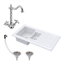 Fireclay 1010mm 1.5 Bowl Inset Kitchen Sink with Drainer, Classic Tap & Wastes in White Finish - Premium Quality