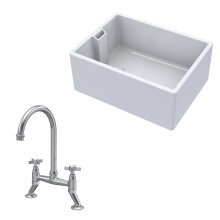 Traditional Fireclay Kitchen Bundle: 1 Bowl Belfast Sink & Bridge Crosshead Mixer Tap, 615mm - Brushed Nickel