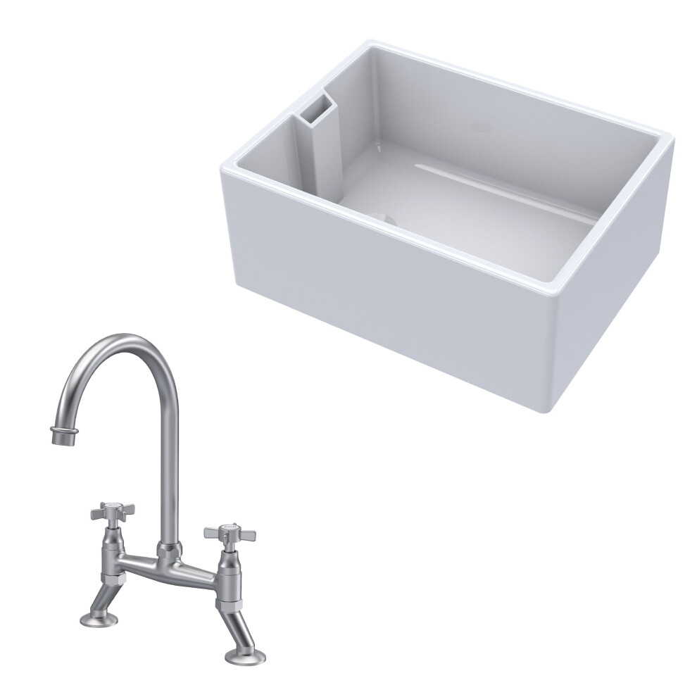 Traditional Fireclay Kitchen Bundle: 1 Bowl Belfast Sink & Bridge Crosshead Mixer Tap, 615Mm - Brushed Nickel 5056678439012